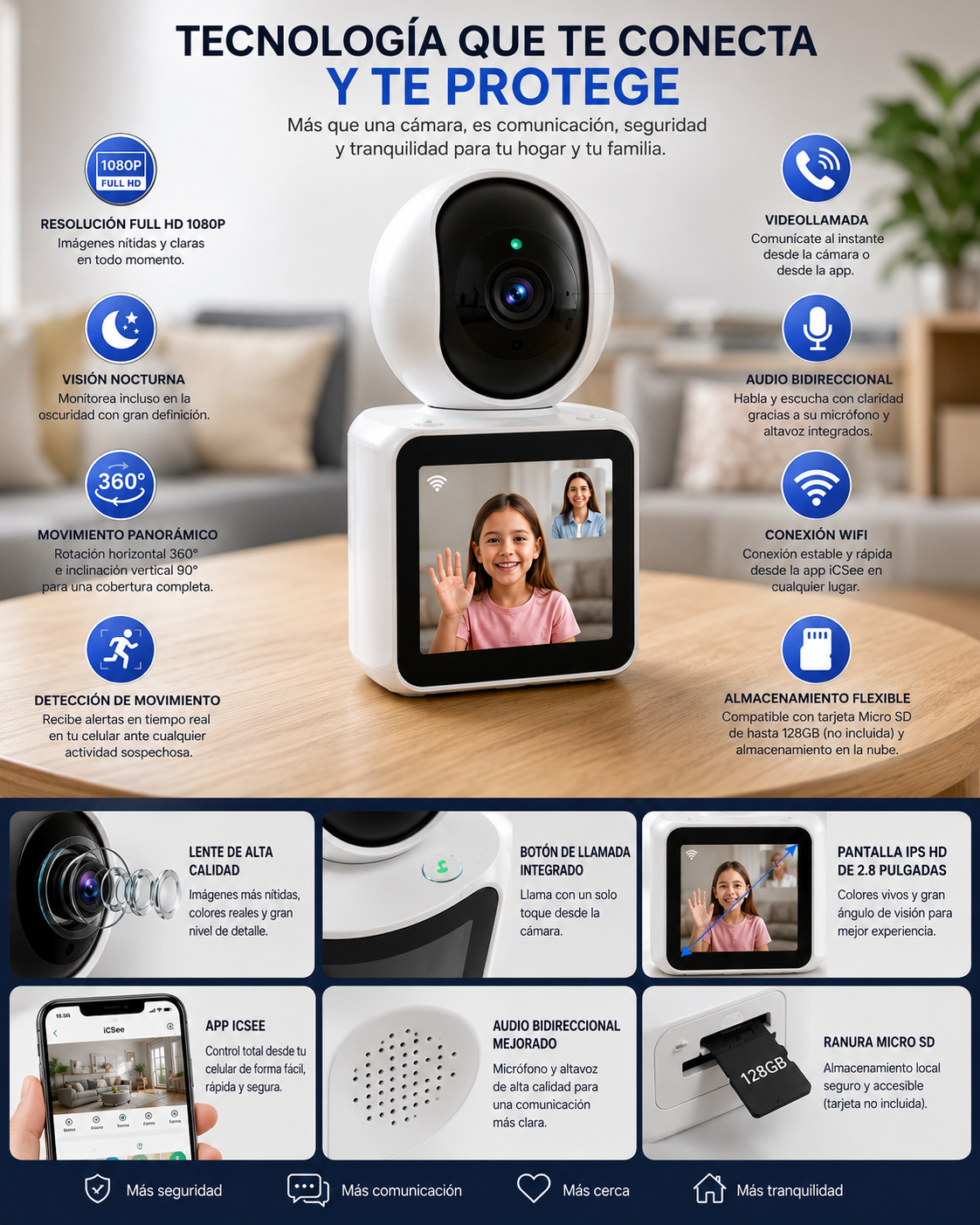Cámara Inteligente WiFi con Pantalla y Videollamada HD 1080P