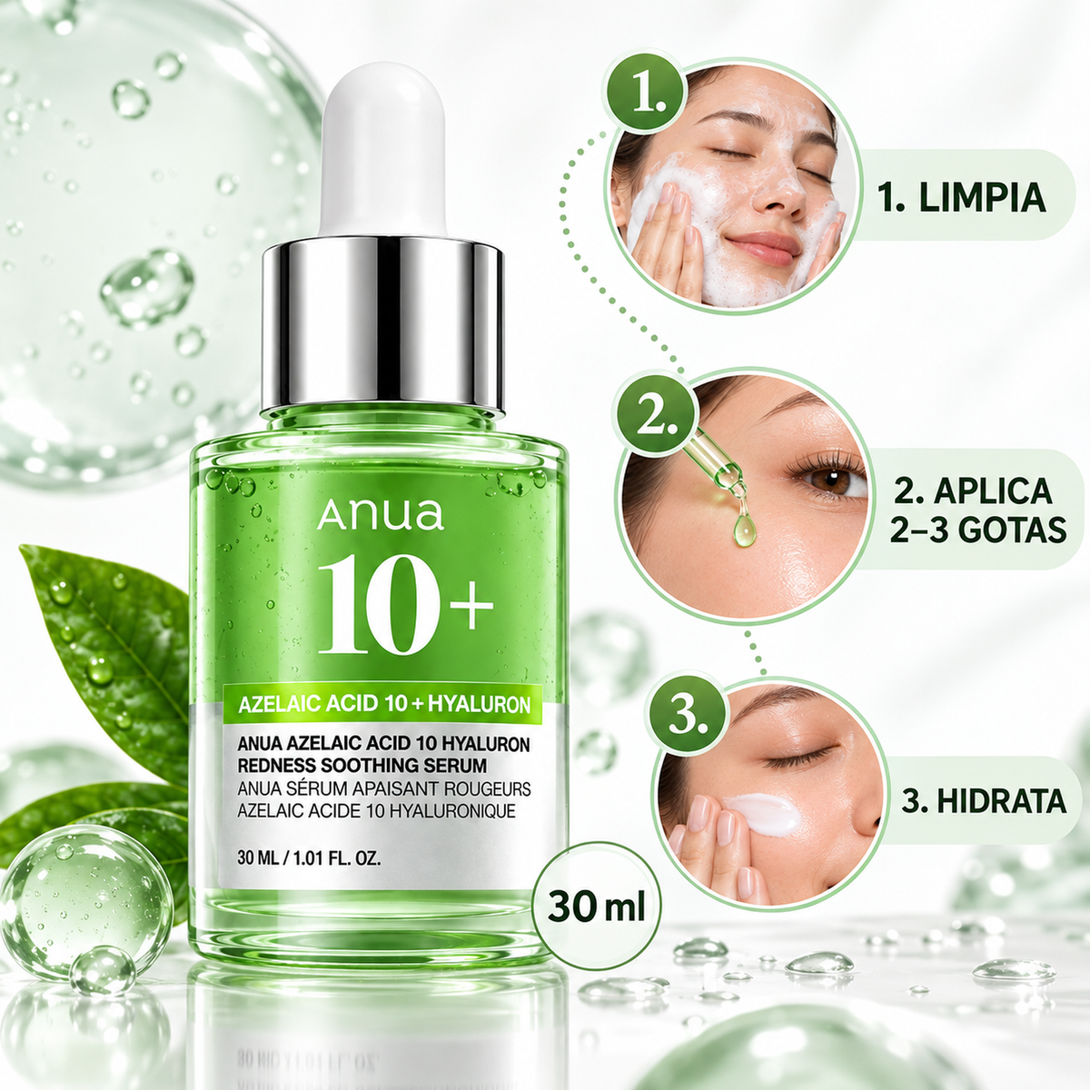 Guía de uso del sérum ANUA: limpiar, aplicar dos a tres gotas e hidratar