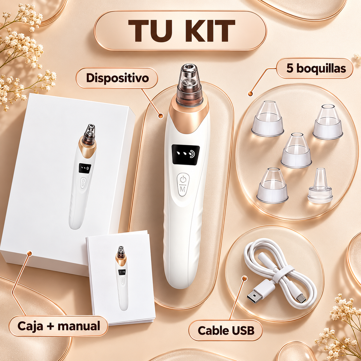 Contenido del kit del extractor facial: dispositivo, cinco boquillas, cable USB, caja y manual