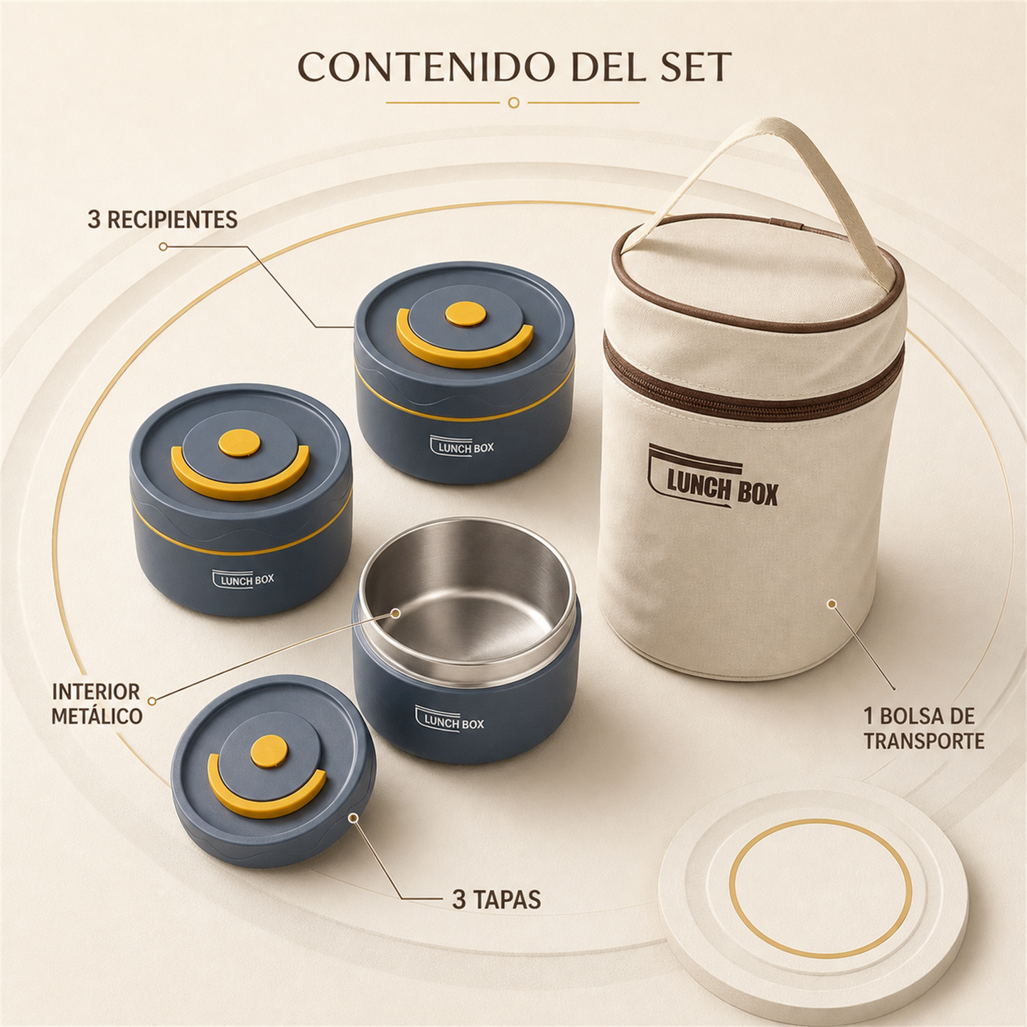 Lunchera Térmica 3 Niveles con Interior Metálico y Bolsa