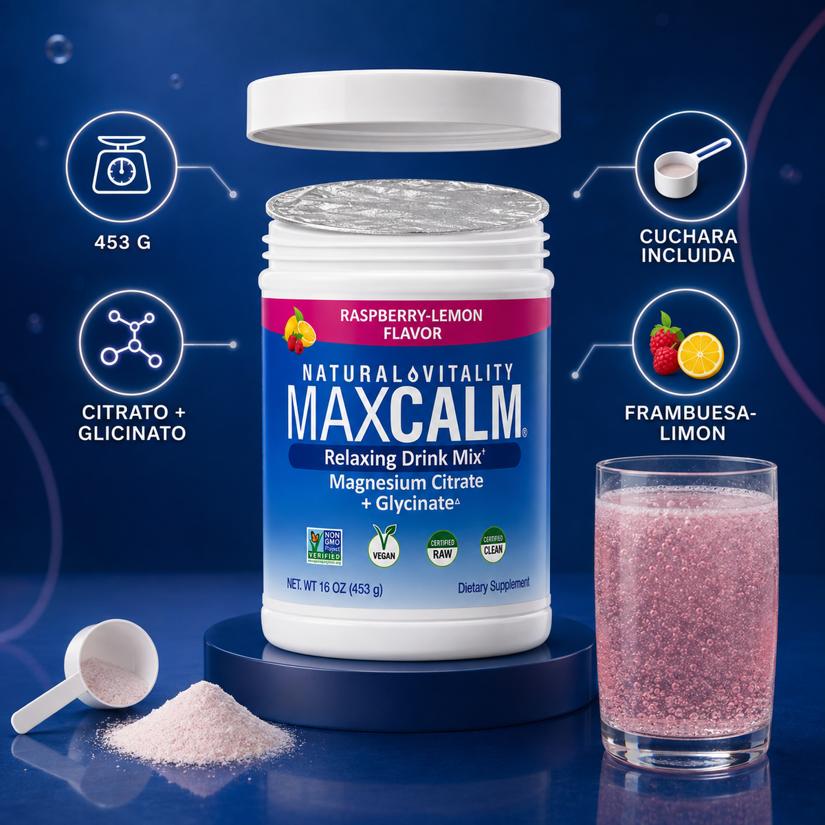 Contenido y características del envase MAXCALM de 453 gramos