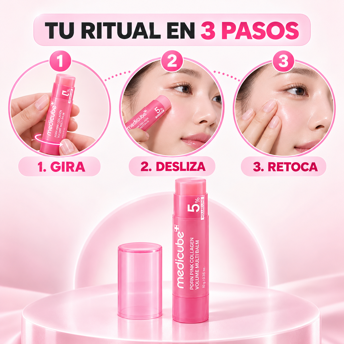 Guía de uso del bálsamo Medicube: girar, deslizar y retocar