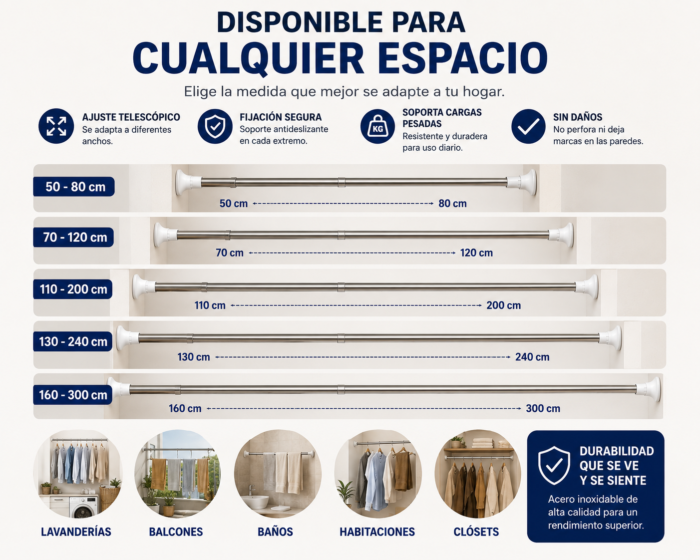 Barra Plegable Expandible Ropa Baño