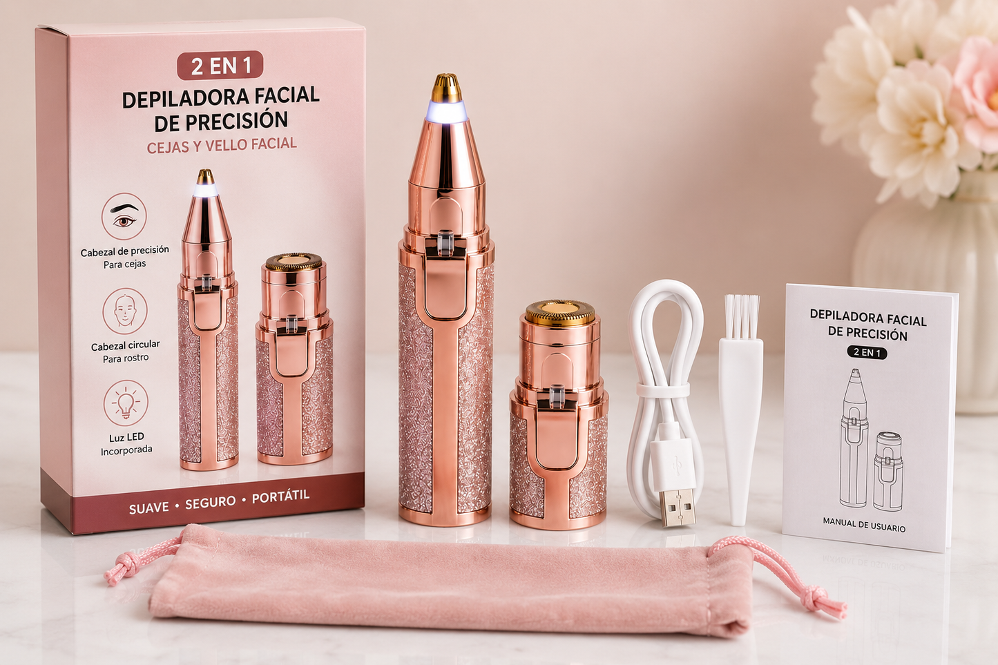GlowTrim™ 2 en 1 – Depiladora Facial de Precisión