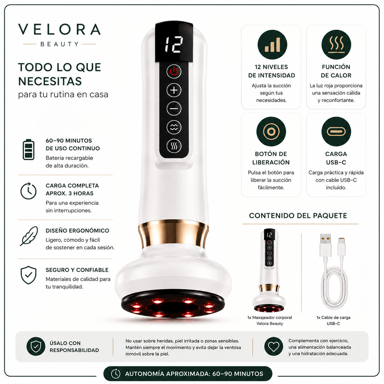 Velora Beauty™ | Masajeador Anticelulítico con Succión, Calor y 12 Niveles