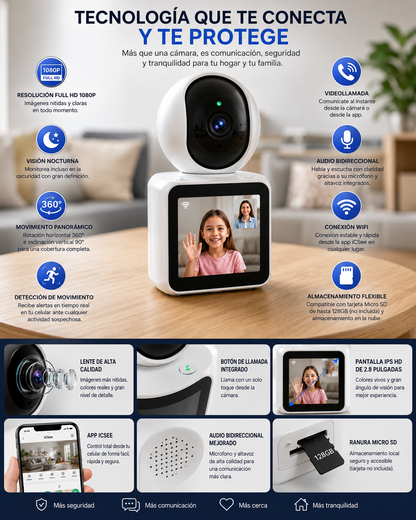 Cámara Inteligente WiFi con Pantalla y Videollamada HD 1080P
