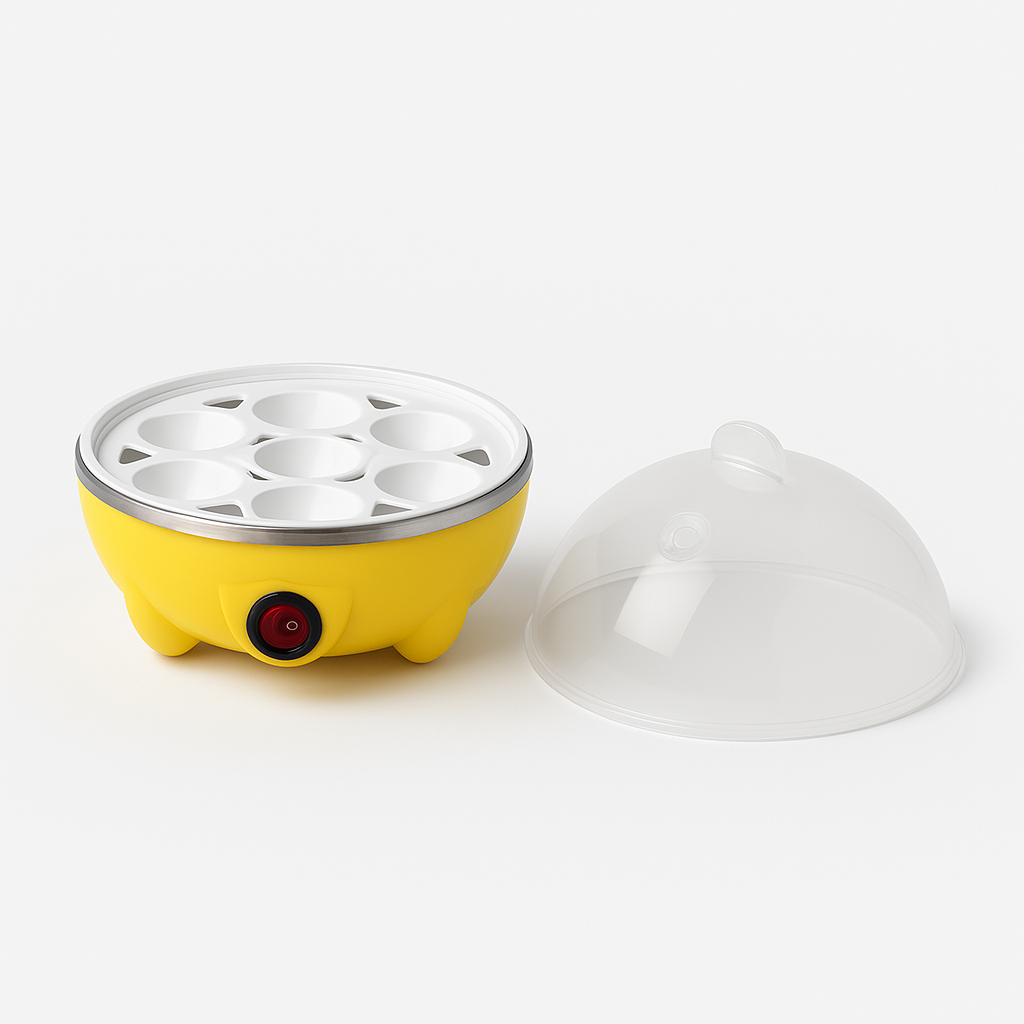 EggMaster Pro amarillo - tapa abierta con canastillas
