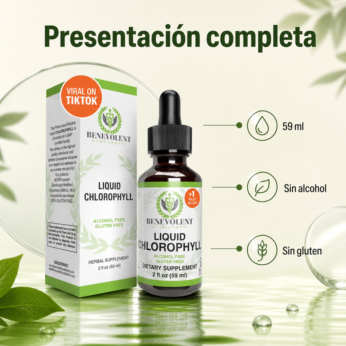 Presentación completa de clorofila líquida con caja y frasco