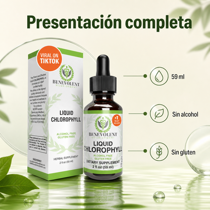 Presentación completa de clorofila líquida con caja y frasco