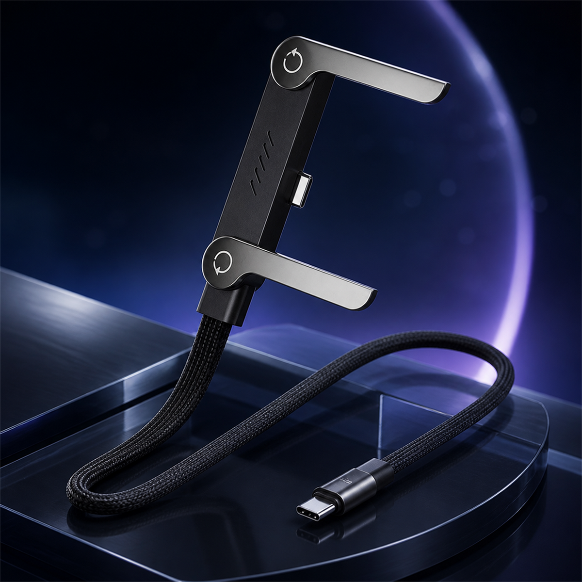 Cable FlexCharge con soporte plegable en fotografía comercial
