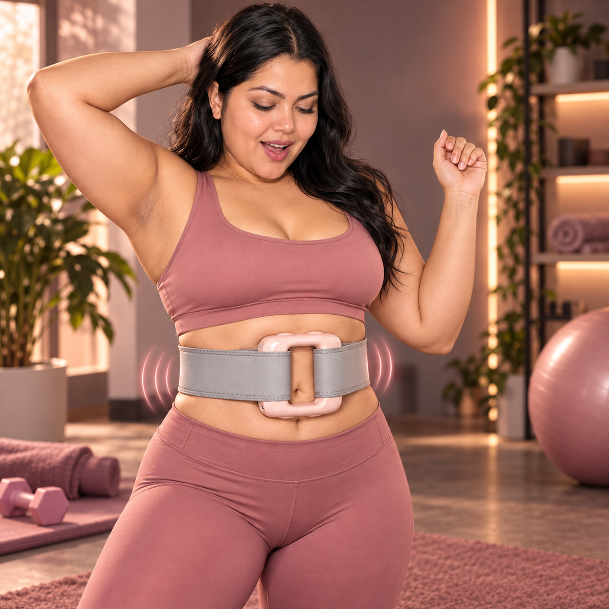 Fotografía comercial de modelo usando el simulador abdominal vibratorio