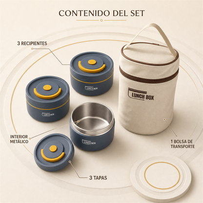 Lunchera Térmica 3 Niveles con Interior Metálico y Bolsa