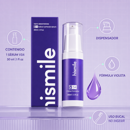 Hismile V34 Colour Corrector Serum 30 ml | Sonrisa Visualmente Más Luminosa + Cepillo dental