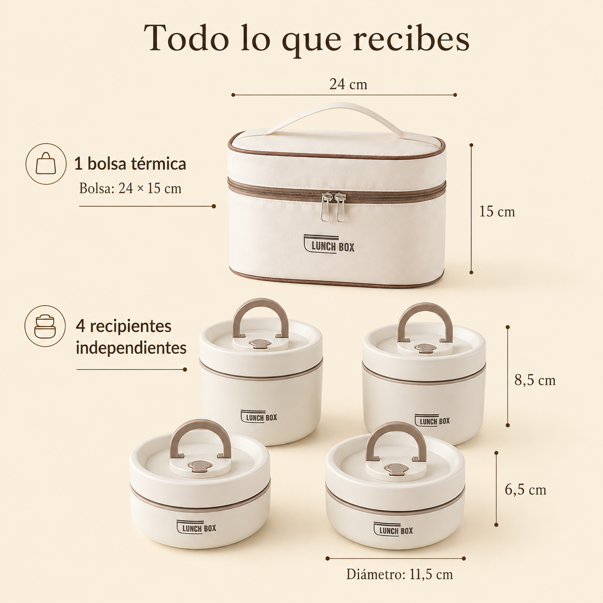 Contenido y medidas de la lonchera térmica bento 4X