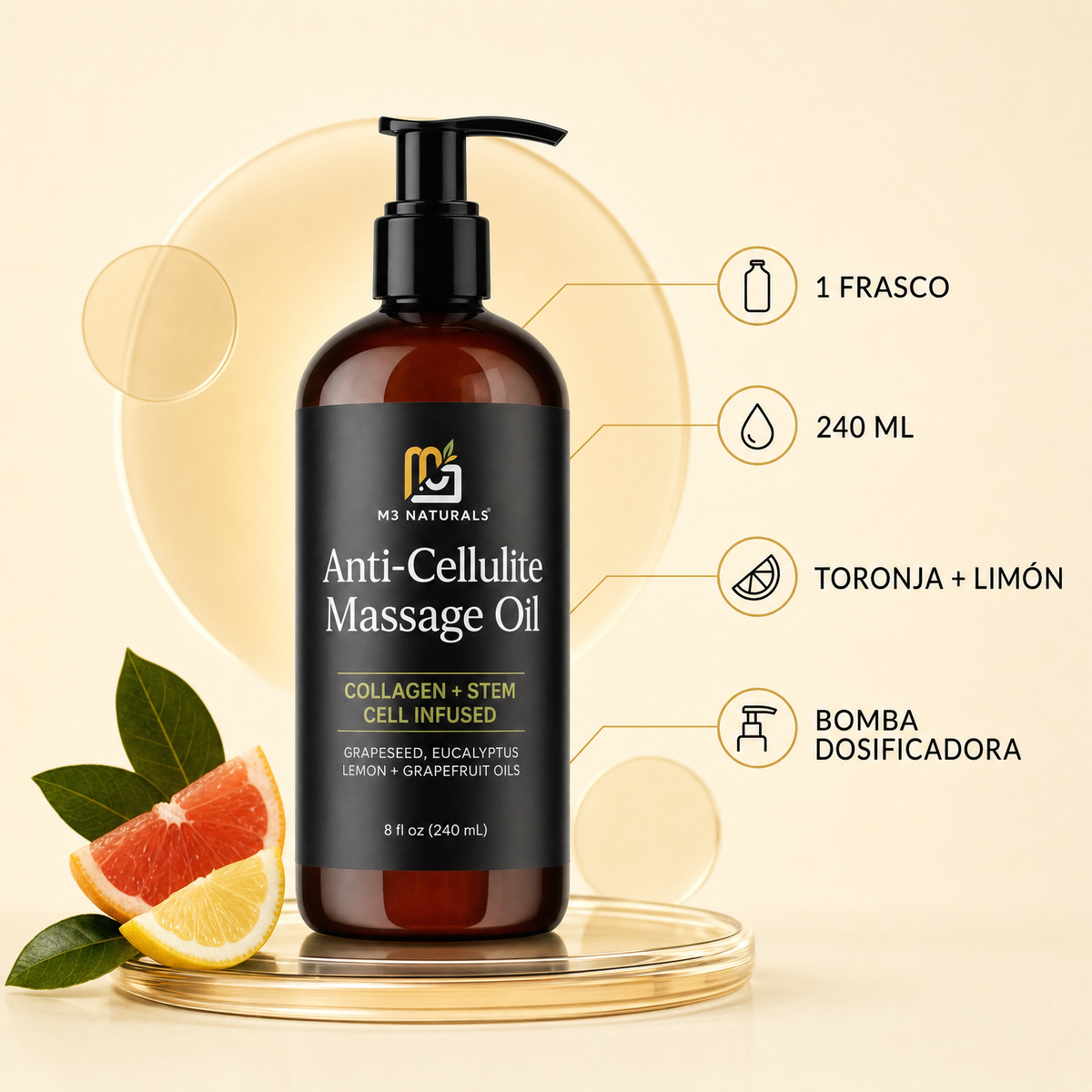 Presentación del aceite M3 Naturals con bomba dosificadora