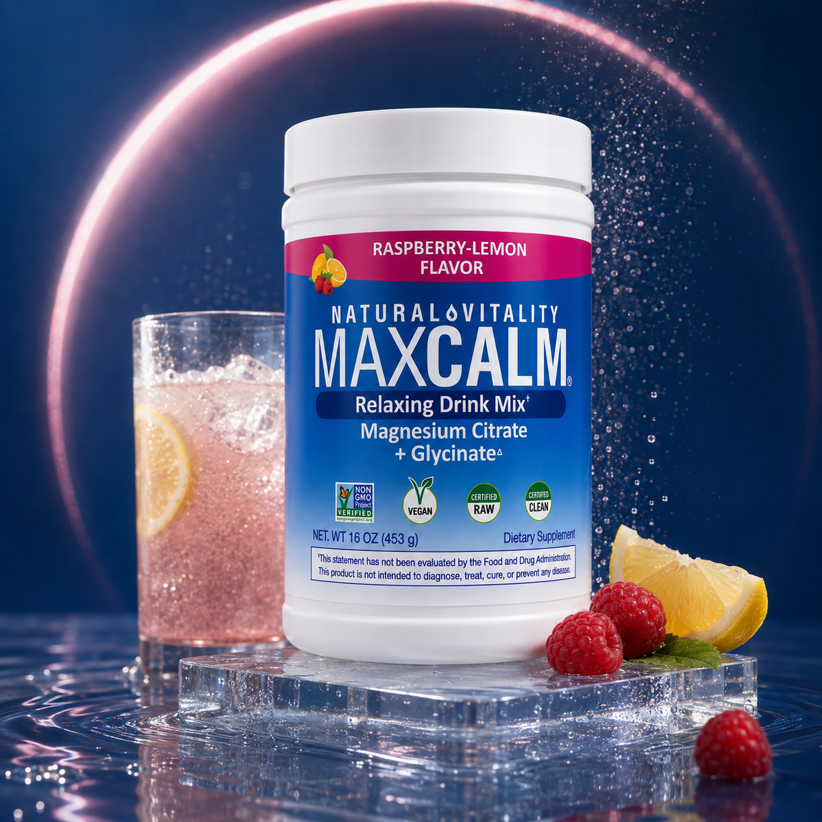 Natural Vitality MAXCALM sabor frambuesa limón de 453 gramos