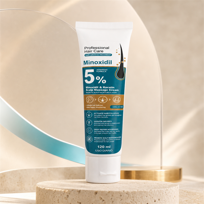Vista comercial del tubo de Minoxidil 5% con keratina
