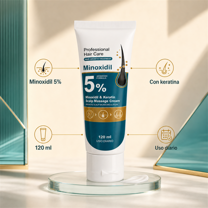 Infografía de Minoxidil 5%, keratina, 120 ml y uso diario