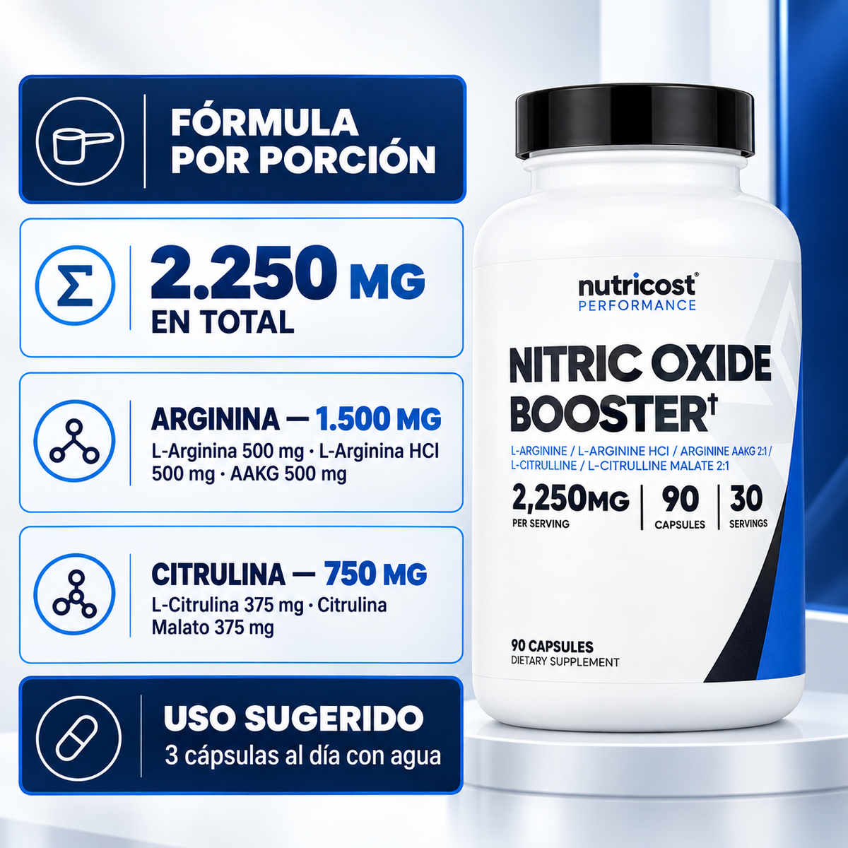 Ingredientes activos y uso sugerido de Nitric Oxide Booster