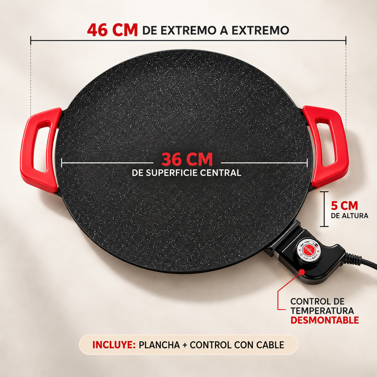 Medidas y contenido de la Plancha Eléctrica Familiar 46 cm