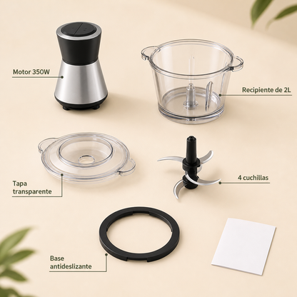 Contenido del paquete con un recipiente transparente de dos litros